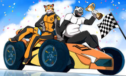  2017 anthro armor award bear bearlovestiger13 black_body black_fur canid canine canis car celebration clothing duo felid flag fur glue_studios headgear helmet jacket leather leather_clothing leather_jacket leather_topwear male mammal open_mouth orange_body orange_fur pantherine race_car racer rimba_racer smile tag_(rimba_racer) tiger tire topwear trophy vehicle wheel white_body white_fur wolf 