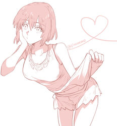  bad_id bad_pixiv_id bare_shoulders bra_strap breasts collarbone female heart large_breasts looking_at_viewer monochrome navel nishio_rina shirt_tug short_hair shorts solo soukyuu_no_fafner tank_top twitter_username wae 