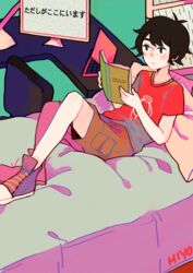  animated animated baymax bed big_hero_6 black_eyes black_hair blush brown_shorts chair commentary desk female highres hiro_hamada on_bed rain red_shirt routexx shirt shorts solo symbol-only_commentary television translation_request 