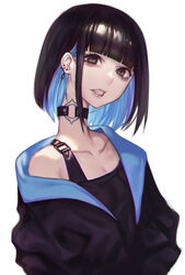  absurdres black_choker black_eyes black_hair black_jacket black_shirt breasts choker cleavage colored_inner_hair commentary_request doku-chan_(dokkudokudoku) ear_piercing female highres jacket long_neck looking_at_viewer multicolored_hair oerba_yun_fang open_clothes open_jacket original parted_lips photoshop_(medium) piercing shirt short_hair simple_background small_breasts solo teeth two-tone_hair white_background 