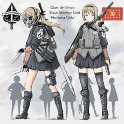  2girls black_legwear blonde_hair boots bulletproof_vest combat_boots combat_knife commentary_request crest cross-laced_footwear dual_wielding flag gas_mask gun hairband hakuaki handgun holding holster huge_weapon knee_boots knife lace-up_boots long_hair mask military milizian! motto multiple_girls original over_shoulder ponytail reverse_grip rifle short_hair sword sword_over_shoulder thigh_holster thighhighs weapon weapon_over_shoulder 