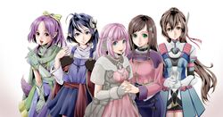  5girls bad_id bad_pixiv_id blue_eyes blue_hair blue_skirt bow braid brown_eyes brown_hair cape cowboy_shot crescent crescent_hair_ornament fingerless_gloves gloves green_eyes green_gloves hair_ornament hairbow half_updo high_ponytail highres in-franchise_crossover long_hair looking_at_viewer may0ray0 miki_sauvester millie_chliette multiple_girls own_hands_clasped own_hands_together pink_hair pink_shirt pink_skirt pointy_ears ponytail purple_hair rena_lanford saionji_reimi shirt short_hair shorts skirt smile sophia_esteed star_ocean star_ocean_first_departure star_ocean_integrity_and_faithlessness star_ocean_the_last_hope star_ocean_the_second_story star_ocean_till_the_end_of_time tail white_background white_gloves x_hair_ornament yellow_bow 