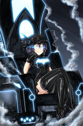  alternate_breast_size alternate_costume bad_id bad_pixiv_id batman batman_(series) batman_symbol blue_eyes breasts commentary_request crossed_legs dc_comics dmt_(auburn) dress female glowing glowing_eyes hand_on_own_chin hat highres large_breasts mobius_chair purple_hair remilia_scarlet short_dress short_hair sitting steam thighhighs throne touhou 