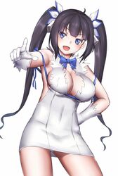  :d ahoge black_hair blue_eyes blue_ribbon breasts cleavage commentary_request dress dungeon_ni_deai_wo_motomeru_no_wa_machigatteiru_darou_ka female ginko_(nico) gloves hair_ribbon hand_on_own_hip hestia_(danmachi) large_breasts long_hair open_mouth pencil_dress rei_no_himo revision ribbon simple_background skindentation smile solo twintails white_background white_gloves 