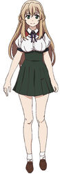  arm arms bare_legs between_eyes bow bowtie collared_shirt female female gokukoku_no_brynhildr green_eyes green_skirt hair_between_eyes legs light_brown_hair long_hair long_skirt looking_at_viewer puffy_sleeves purple_bow school_uniform shirt shoes short_sleeves skirt smile socks solo standing takatori_kotori 