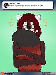  2018 ailurid anthro ask_blog blush conditional_dnp covering_chest digital_media_(artwork) english_text female green_eyes kadath mammal red_panda ruby_(kadath) smile solo tail tail_hug text url 