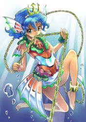  :&gt; air_bubble bad_id bad_pixiv_id barefoot blue_hair bubble chains convenient_censoring crown dress female fins green_eyes mouth_hold princess_royale short_dress short_hair smile underwater washi_no_tosaka 