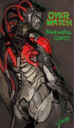  1boy armor black_hair blackwatch_genji character_name commentary_request copyright_name cyborg dark_background from_behind genji_(overwatch) highres looking_at_viewer looking_back male_focus mask muscular ninja official_alternate_costume overwatch overwatch_1 red_eyes signature solo spiked_hair yamada_uiro 