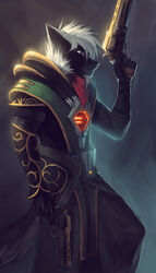  4:7 abstract_background anthro armor canid canine canis clothing danny_thomas dash_ravo destiny_(video_game) domestic_dog gun hair handcannon handgun hi_res holding_gun holding_object holding_ranged_weapon holding_weapon husky male mammal nordic_sled_dog portrait purple_eyes ranged_weapon revolver robe solo spitz the_last_word_(destiny) three-quarter_portrait warlock_(destiny_2) weapon white_hair 