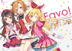  3girls 6u_(eternal_land) :d ;) aikatsu! aikatsu!_(series) bad_id bad_pixiv_id blonde_hair blue_eyes brown_eyes brown_hair commentary_request cover cover_page crossover dekitate_evo!_revo!_generation!_(idolmaster) doujin_cover earrings gloves hair_ribbon hat hoshimiya_ichigo idol idolmaster idolmaster_cinderella_girls jewelry kosaka_honoka long_hair love_live! love_live!_school_idol_project multiple_girls one_eye_closed one_side_up open_mouth photoshop_(medium) pink_eyes ribbon shimamura_uzuki skirt smile sore_wa_bokutachi_no_kiseki thigh_strap trait_connection w wrist_cuffs 