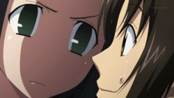  1boy animated animated brown_hair face female green_eyes hata_ranko seitokai_yakuindomo short_hair sweatdrop tsuda_takatoshi 