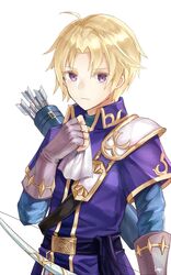  1boy artist_name belt blonde_hair bow_(weapon) commentary_request fingerless_gloves fire_emblem fire_emblem:_the_binding_blade fire_emblem_heroes gloves highres klein_(fire_emblem) male_focus purple_eyes quiver repu_(rep_sha) simple_background solo weapon white_background 