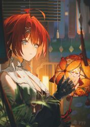  absurdres ahoge blue_eyes blurry blurry_foreground breasts cleavage clothing_cutout collar danjin_(wuthering_waves) earrings female fingerless_gloves folded_braid gloves hair_intakes hair_ornament highres holding holding_lantern jewelry lantern looking_at_viewer ofuda_earrings p99_(1shtar) partially_fingerless_gloves plant red_hair shoulder_cutout single_fingerless_glove solo upper_body white_collar window window_blinds wuthering_waves 