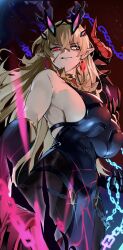  absurdres bare_shoulders barghest_(fate) barghest_(second_ascension)_(fate) black_gloves black_leotard black_pantyhose blonde_hair breasts chains character_request chinese_commentary clenched_teeth commentary_request cowboy_shot diadem earrings elbow_gloves eyelashes fate/grand_order fate_(series) female furrowed_brow gem gloves hair_between_eyes heterochromia highres jewelry large_breasts leotard light_particles long_hair mo_(this-is-mo) pantyhose pointy_ears red_background red_eyes red_gemstone sideboob smug solo teeth very_long_hair white_eyes 