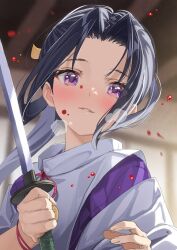  1boy black_hair blood blood_spray blurry blurry_background blush bow hands_up holding holding_sword holding_weapon houjou_tokiyuki_(nige_jouzu_no_wakagimi) indoors japanese_clothes kariginu katana long_hair looking_at_viewer male_focus motoyui nige_jouzu_no_wakagimi parted_bangs parted_lips ponytail puff_of_air purple_eyes scene_reference sidelocks_tied_back solo sword weapon wooden_ceiling yahako 