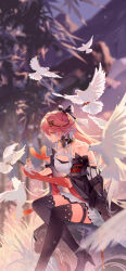  bare_shoulders bird body_markings braid breasts changli_(wuthering_waves) collar colored_extremities dove dress female hair_ornament highres large_breasts long_hair multicolored_hair pink_hair red_hands ruoruoqiu solo two-tone_hair very_long_hair white_hair wuthering_waves yellow_eyes 