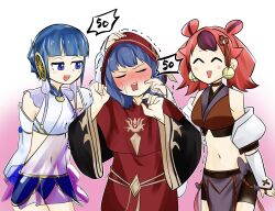  3girls blue_eyes blue_hair blunt_bangs blush cheek_poking closed_eyes crop_top damage_numbers detached_sleeves duel_monster gameplay_mechanics ha-re_the_sword_mikanko headpat highres lo_the_prayers_of_the_voiceless_voice midriff multiple_girls navel ni-ni_the_mirror_mikanko poking red_hair red_robe robe sawan_cutman smile standing twintails yu-gi-oh! yuri 