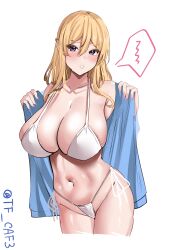  absurdres alternate_costume bikini blonde_hair blue_shirt blush braid breasts brown_eyes cowboy_shot female hair_between_eyes highres huge_breasts kantai_collection large_breasts long_hair long_sleeves looking_at_viewer one-hour_drawing_challenge open_mouth shirt simple_background smile solo swimsuit tf_cafe twitter_username wavy_hair white_background white_bikini zara_(kancolle) 