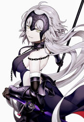  armor armored_dress bare_shoulders black_dress breast_curtains breasts chains collar dress fate/grand_order fate_(series) faulds female flag gauntlets grey_hair headpiece highres jeanne_d&#039;arc_alter_(avenger)_(fate) jeanne_d&#039;arc_alter_(avenger)_(third_ascension)_(fate) jeanne_d&#039;arc_alter_(fate) large_breasts long_hair looking_at_viewer metal_collar plackart polearm smile sumi_(gfgf_045) sword very_long_hair weapon yellow_eyes 