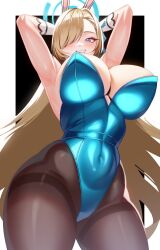  animal_ears armpits arms_behind_head arms_up asuna_(blue_archive) asuna_(bunny)_(blue_archive) bare_shoulders blue_archive blue_eyes blue_leotard blue_ribbon blush breasts brown_pantyhose cleavage elbow_gloves fake_animal_ears female gloves grin hair_over_one_eye hair_ribbon halo highleg highleg_leotard highres large_breasts leotard light_brown_hair long_hair looking_at_viewer pantyhose playboy_bunny rabbit_ears ribbon smile solo thighs very_long_hair volyz white_gloves 