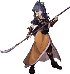  apron armor blue_hair braid brown_eyes crown_braid female fire_emblem fire_emblem_fates highres japanese_armor japanese_clothes juno_son long_hair naginata oboro_(fire_emblem) orange_apron polearm ponytail smile solo weapon 