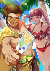  1boy bikini blueberry cape claude_von_riegan claude_von_riegan_(summer) eyewear_on_head female fire_emblem fire_emblem:_three_houses fire_emblem_heroes food fruit highres hilda_valentine_goneril hilda_valentine_goneril_(summer) ice_cream_bar kiwi_(fruit) kiwi_slice male_swimwear o_gusi official_alternate_costume orange_(fruit) orange_slice pink-tinted_eyewear pink_bikini pink_eyes popsicle striped_bikini striped_clothes sunglasses swimsuit tinted_eyewear vertical-striped_bikini vertical-striped_clothes yellow_cape 