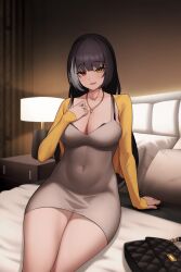  alternate_costume black_bag black_hair blush breasts cero_(last2stage) cleavage collarbone covered_navel dongtan_dress female girls&#039;_frontline hand_up heart heart_necklace heterochromia highres indoors jewelry lamp large_breasts long_hair long_sleeves looking_at_viewer meme_attire necklace on_bed red_eyes ro635_(girls&#039;_frontline) sitting smile solo thighs yellow_eyes 