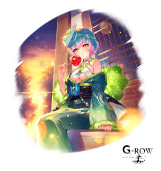  arm_support blue_ribbon breasts candy_apple cassius_(phantom_of_the_kill) closed_mouth female food fox_mask green_hair green_kimono highres holding japanese_clothes jewelry kimono mask necklace obi official_alternate_costume official_art orange_eyes phantom_of_the_kill pink_hair ribbon sash shibuhiko sitting smile solo sunset underboob veranda white_background 