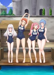  4girls alternate_costume ass_visible_through_thighs blue_hair blue_one-piece_swimsuit breasts commission fire_emblem fire_emblem:_three_houses highres hilda_valentine_goneril igni_tion large_breasts leonie_pinelli lysithea_von_ordelia marianne_von_edmund medium_breasts multiple_girls name_tag one-piece_swimsuit orange_hair pink_hair pool second-party_source small_breasts swimsuit twintails white_hair 