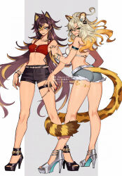  2girls absurdres animal_ear_hairband animal_ears ass bare_legs black_footwear black_shorts blonde_hair blue_eyes bracelet breasts brown_hair cat_ear_hairband cat_ears cleavage crop_top dark-skinned_female dark_skin dehya_(genshin_impact) denim earrings fake_animal_ears genshin_impact green_eyes grey_footwear grey_hair hairband high_heels highres jaguar_ears jaguar_girl jaguar_tail jewelry long_hair looking_at_viewer medium_breasts multicolored_hair multiple_girls ojo_aa red_nails short_shorts shorts stomach tail tail_through_clothes thigh_strap twitter_username two-tone_background two-tone_hair xilonen_(genshin_impact) 