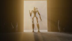  3d_(artwork) ambiguous_gender armor biomechanical bionicle blender_(artwork) claws creepypasta digital_media_(artwork) failsafe272 hi_res humanoid lego light machine not_furry rear_view red_body robot robot_humanoid sidorak silver_body solo sunlight tube 