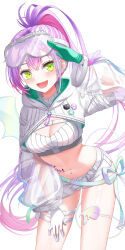  :d absurdres arm_up bandeau blush breasts buckle cleavage colored_inner_hair demon_hood demon_tail ear_piercing female gloves goggles goggles_on_head green_eyes green_gloves hair_ornament hairclip hand_on_own_hip highres hip_tattoo hololive hooded_shrug knee_pads leaning_forward long_hair long_sleeves looking_at_viewer melting_tail misoile multicolored_hair navel navel_piercing open_mouth piercing pink_gloves pink_hair ponytail purple_hair ribbed_bandeau salute see-through see-through_sleeves shorts simple_background smile snap-fit_buckle snow_goggles solo standing strapless streaked_hair tail thigh_strap tokoyami_towa tokoyami_towa_(5th_costume) tube_top two-sided_gloves virtual_youtuber white_background white_bandeau white_gloves white_shorts white_shrug white_tube_top white_wings winged_heart_tattoo wings 