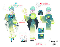  blue_ribbon breasts candy_apple cassius_(phantom_of_the_kill) closed_mouth female food fox_mask from_behind full_body green_hair green_kimono holding japanese_clothes jewelry kimono mask necklace obi official_alternate_costume official_art orange_eyes phantom_of_the_kill pink_hair ribbon sandals sash shibuhiko smile solo straight-on sunset underboob white_background zouri 