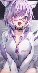  animal_ear_fluff animal_ears belt_collar black_collar breasts cat_ears cat_girl cat_tail cleavage collar collared_shirt female gakuon_(gakuto) glasses highres hololive large_breasts looking_at_viewer neck_ribbon nekomata_okayu nekomata_okayu_(oversized_shirt) oerba_yun_fang official_alternate_costume open_mouth purple-framed_eyewear purple_ribbon ribbon shirt skin_fang smile solo tail virtual_youtuber white_shirt 