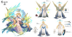  blonde_hair blue_eyes blue_halo breast_curtains dress female from_behind full_body gloves hair_ornament halo highres long_hair official_alternate_costume official_art open_mouth outstretched_arm phantom_of_the_kill smile solo standing straight-on tiphereth_(phantom_of_the_kill) to_maru very_long_hair white_background white_dress white_gloves 