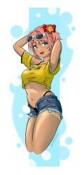  :d arms_behind_head arms_up artist_name bare_shoulders bikini black_bikini blue_background blue_eyes border brazilian_flag brazilian_flag_print brazilian_miku brazilian_miku_(cosplay) breasts circle commentary cosplay crop_top cropped_legs cutoffs denim denim_shorts doki_doki_literature_club english_commentary exposed_pocket eyewear_on_head female flower from_side green_trim hair_flower hair_intakes hair_ornament hatsune_miku hibiscus highleg highleg_bikini highres jason_viera jewelry looking_at_viewer looking_to_the_side lowleg lowleg_shorts medium_breasts midriff navel off-shoulder_shirt off_shoulder open_clothes open_fly open_mouth open_shorts pink_hair rectangular_earrings red_flower sayori_(doki_doki_literature_club) shirt short_hair short_shorts shorts shorts_tan smile solo standing sunglasses swimsuit swimsuit_under_clothes tan tanlines teeth thighs twitter_username upper_teeth_only vocaloid white-framed_eyewear white_background white_border yellow_shirt 