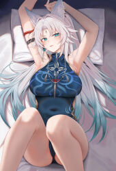  adapted_costume alternate_costume animal_ear_fluff animal_ears arm_strap armpits arms_up bare_legs blue_leotard blush breasts clothing_cutout commentary covered_navel ear_piercing earrings feet_out_of_frame feixiao_(honkai:_star_rail) female forehead_jewel fox_ears fox_girl from_above gradient_hair green_eyes green_hair hair_intakes hair_spread_out highres honkai:_star_rail honkai_(series) jewelry knees_up large_breasts leotard long_hair looking_at_viewer lying multicolored_hair on_back on_bed paid_reward_available parted_bangs parted_lips piercing pillow ponytail ru_zhai side_cutout sidelocks smile solo symbol-only_commentary very_long_hair white_hair 