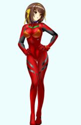  bodysuit breasts brown_hair cameltoe cosplay covered_nipples cyborg-institute female full_body hair_ribbon hairband hands_on_own_hips head_tilt highres looking_at_viewer mecha_pilot_suit medium_breasts neon_genesis_evangelion open_mouth plugsuit_(evangelion) red_bodysuit ribbon simple_background skin_tight solo souryuu_asuka_langley souryuu_asuka_langley_(cosplay) standing suzumiya_haruhi suzumiya_haruhi_no_yuuutsu thigh_gap yellow_hairband yellow_ribbon 