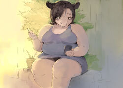  anthro biped breasts cellphone cigarette dogdumpster electronics eye_through_hair eyebrow_piercing facial_piercing female hair holding_cigarette holding_object holding_phone leaf looking_at_object looking_at_phone mammal mel_(dogdumpster) nose_piercing nose_ring phone piercing plant plant_pot potted_plant proboscis_(anatomy) ring_piercing simple_background sitting slightly_chubby slightly_chubby_anthro slightly_chubby_female smartphone solo tapir translucent translucent_hair 