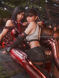  2girls 3d ass black_hair bodysuit breasts brown_eyes cosplay costume_switch crop_top crossover elbow_gloves english_commentary eve_(stellar_blade) final_fantasy final_fantasy_vii final_fantasy_vii_remake fingerless_gloves gloves highres large_breasts long_hair looking_at_viewer multiple_girls patreon_username ponytail red_bodysuit red_eyes ria_(baka-neearts) smile stellar_blade suspenders tank_top tifa_lockhart very_long_hair 