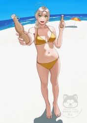  absurdres barefoot beach beach_umbrella bikini blue_sky bottle breasts bright_pupils cleavage collarbone day female foreshortening full_body green_eyes grey_hair hair_tie highres holding holding_bottle horizon incoming_gift kantai_collection kinugasa_(kancolle) kinugasa_kai_ni_(kancolle) looking_at_viewer ocean ojipon open_mouth outdoors sidelocks sky smile solo standing swimsuit teeth tupet twitter_username umbrella upper_teeth_only watermark white_pupils yellow_bikini 