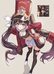  :t absurdres aiguillette anger_vein ascot black_hair black_sports_bra black_thighhighs blue_eyes blush breasts cleavage closed_mouth commentary_request contrapposto female foot_out_of_frame from_above fur_scarf game_screenshot_inset genderswap_(otf) glaring grey_background hands_on_own_hips hat highres honkai:_star_rail honkai_(series) jacket k2_(kazu1030) leaning_forward long_hair looking_at_viewer medium_breasts midriff miniskirt navel open_clothes open_jacket personification pleated_skirt pocket_watch pom-pom_(honkai:_star_rail) pout puff_of_air red_hat red_jacket reference_inset rule_63 shako_cap shoes simple_background skirt solo sports_bra standing thighhighs torn_clothes torn_thighhighs twintails very_long_hair watch white_ascot white_shoes white_skirt zettai_ryouiki 