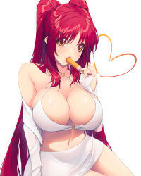  absurdres alternate_costume bikini breasts brown_eyes female food food_in_mouth highres kousaka_tamaki large_breasts long_hair off_shoulder popsicle popsicle_in_mouth red_hair rein_akane see-through_clothes see-through_skirt sitting skirt solo swimsuit to_heart_(series) to_heart_2 twintails very_long_hair white_background white_bikini yokozuwari 