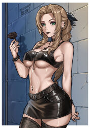  aerith_gainsborough alternate_costume belt black_belt black_flower black_lips black_rose black_shirt black_skirt bracelet breasts brown_hair crop_top ear_piercing english_commentary eyeshadow female final_fantasy final_fantasy_vii fishnet_thighhighs fishnets flower green_eyes highres holding holding_flower jewelry makeup medium_breasts miniskirt navel_piercing piercing purple_eyeshadow redjet rose shirt skirt solo spiked_bracelet spikes thighhighs underboob 