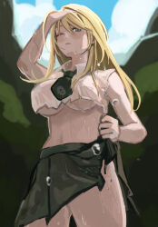  black_necktie blonde_hair blue_eyes breasts btooom! collared_shirt female hand_on_own_head highres himiko_(btooom!) kmusy_mp4 large_breasts long_hair necktie one_eye_closed parted_lips pleated_skirt see-through see-through_shirt shirt skirt solo torn_clothes torn_shirt underboob water_drop wet wet_clothes wet_shirt 