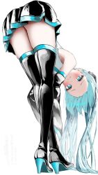  angry aqua_eyes aqua_hair aqua_necktie bare_shoulders black_skirt black_sleeves black_thighhighs blush detached_sleeves female hatsune_miku headset high_heels long_hair looking_at_viewer necktie shirubaa simple_background skirt solo thighhighs twintails very_long_hair vocaloid white_background 