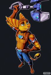  abs absurd_res anthro belt clothing gesture gloves green_eyes hand_on_hip handwear harness hi_res lombax male mammal omniwrench pilot_hat ratchet_(ratchet_and_clank) ratchet_and_clank smile solo sony_corporation sony_interactive_entertainment stripes sygnatus tail utility_belt 