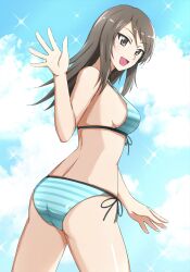  ass bikini blue_bikini blue_sky breasts brown_eyes brown_hair cloud cloudy_sky cowboy_shot day female from_behind girls_und_panzer highres leaning_forward long_hair looking_at_viewer looking_back medium_breasts mika_(girls_und_panzer) no_headwear omachi_(slabco) open_mouth outdoors side-tie_bikini_bottom sky smile solo sparkle standing striped_bikini striped_clothes swimsuit waving 