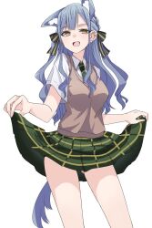  animal_ear_fluff animal_ears ass_visible_through_thighs bang_dream! bang_dream!_it&#039;s_mygo!!!!! black_ribbon blue_hair breasts brown_sweater_vest collared_shirt diagonal-striped_clothes diagonal-striped_necktie female fox_ears fox_girl fox_tail green_necktie green_skirt gumoyu hair_ribbon haneoka_school_uniform highres kemonomimi_mode long_hair looking_at_viewer medium_breasts necktie open_mouth plaid_clothes plaid_skirt pleated_skirt ribbon school_uniform shirt sidelocks simple_background skirt skirt_hold solo striped_clothes striped_ribbon sweater_vest tail togawa_sakiko variant_set white_background white_shirt yellow_eyes 