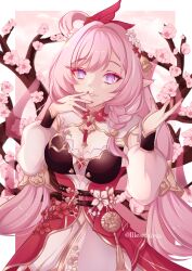  absurdres bell border branch breasts cherry_blossoms chinese_clothes cleavage diamond-shaped_pupils diamond_(shape) dress elf elysia_(herrscher_of_human:_ego)_(honkai_impact) elysia_(honkai_impact) elysia_(peachy_spring)_(honkai_impact) female flower hair_bell hair_flower hair_ornament highres honkai_(series) honkai_impact_3rd illestfairys large_breasts long_sleeves looking_at_viewer parted_lips pink_sky pointy_ears puffy_long_sleeves puffy_sleeves purple_eyes red_dress red_nails sky solo symbol-shaped_pupils twitter_username white_border 